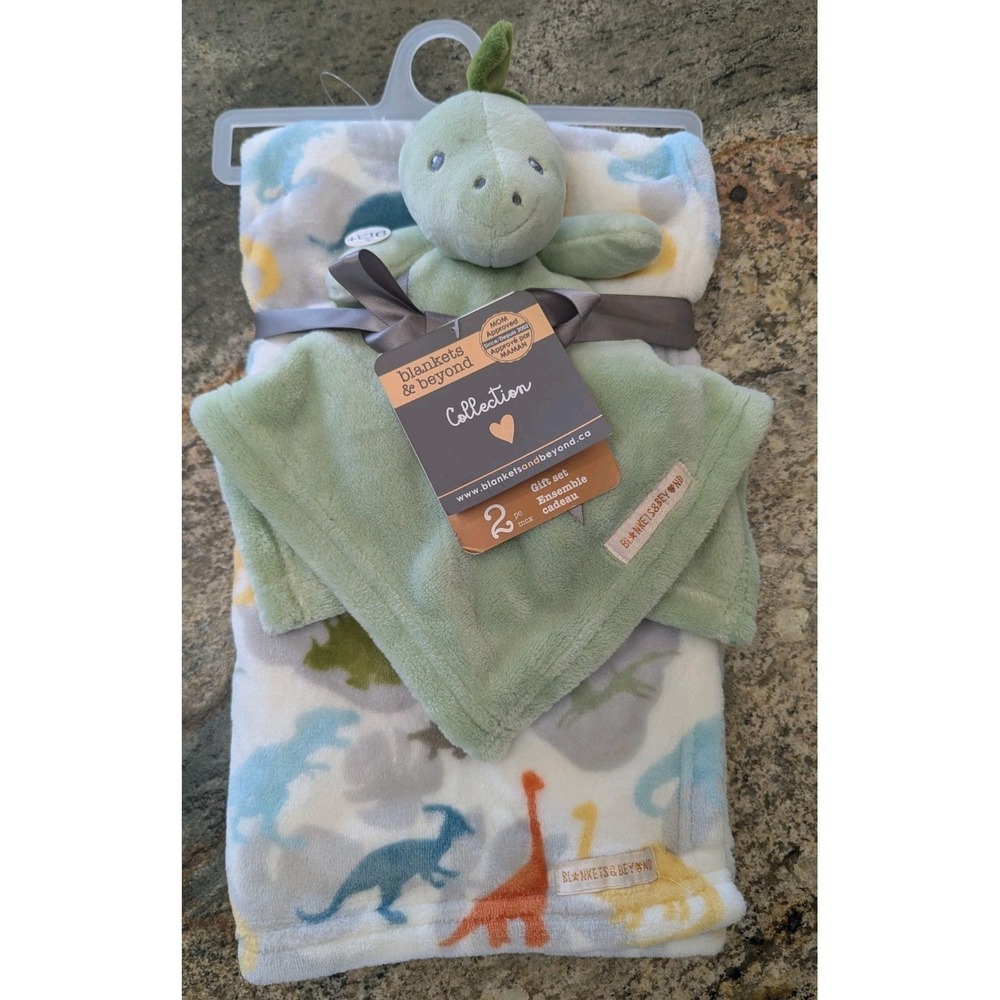 Blankets & Beyond 2 Pc Set Dinosaur Print Baby Security Blanket Green Dino Plush